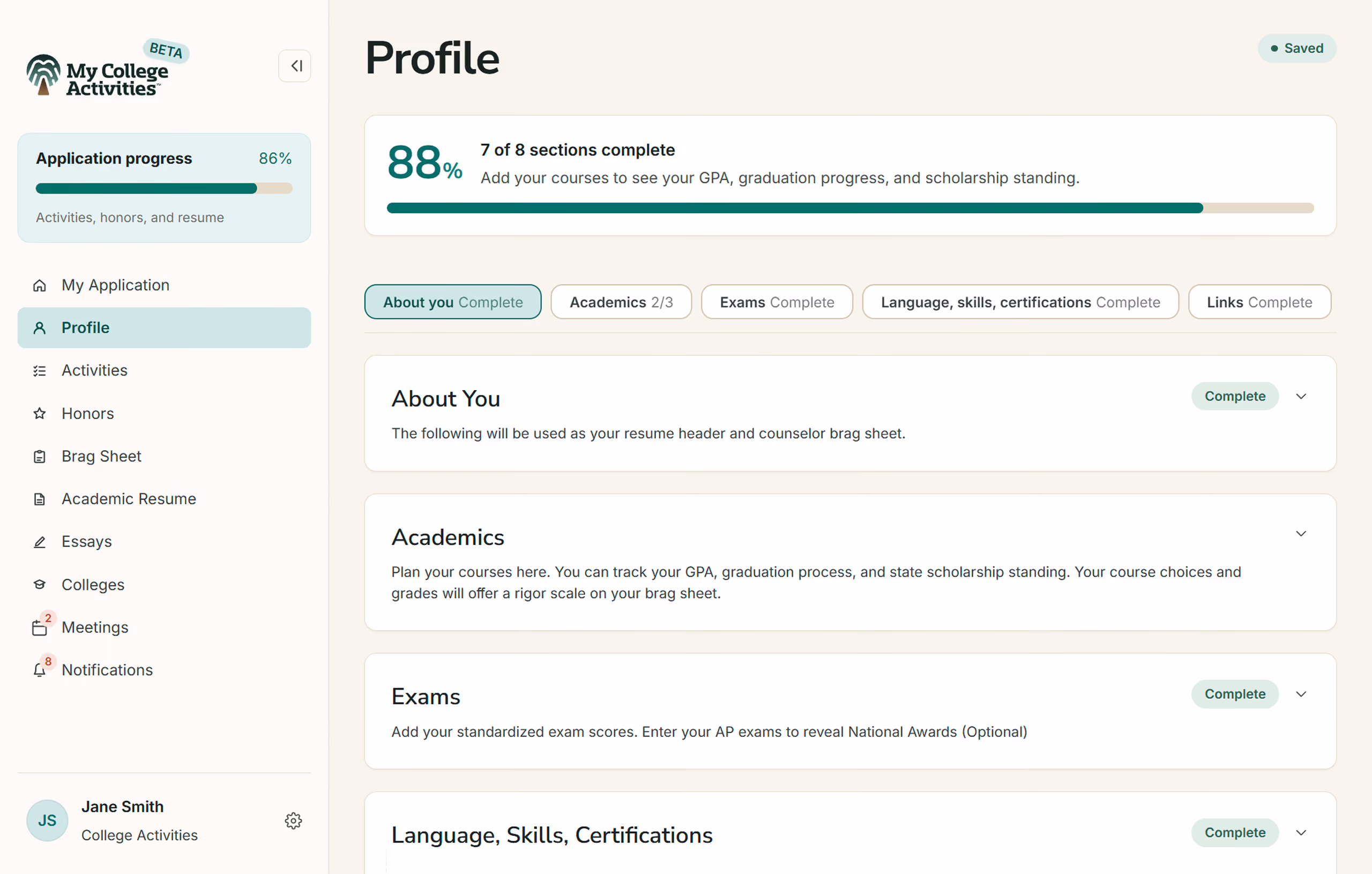Student profile user interface in the My College Activities app.