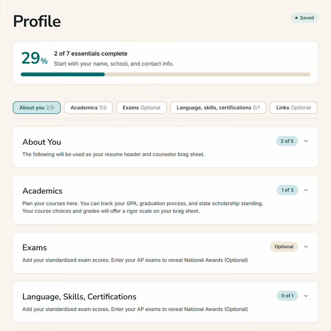 My College Activities profile UI