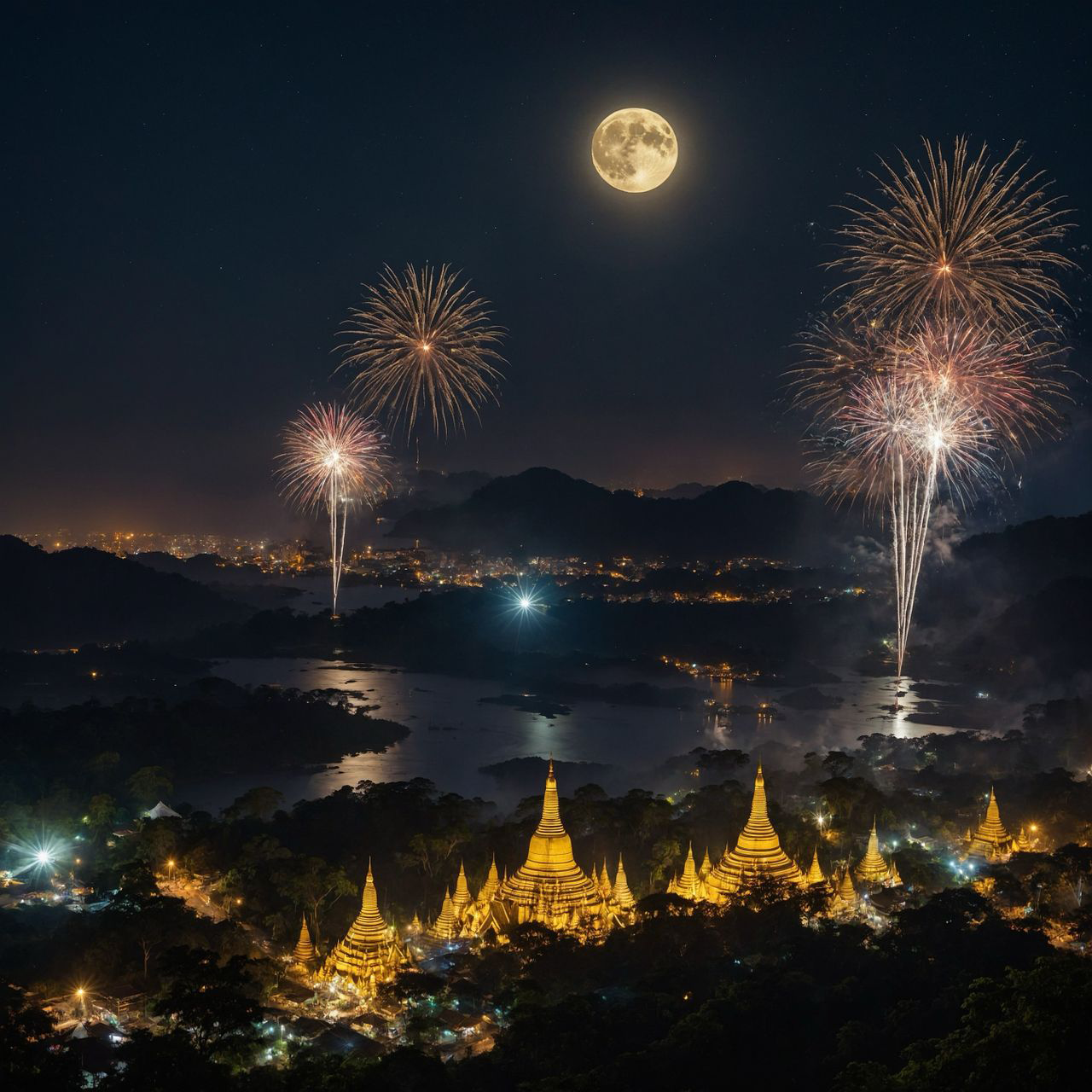 Fireworks and a full moon over illuminated golden temples at night