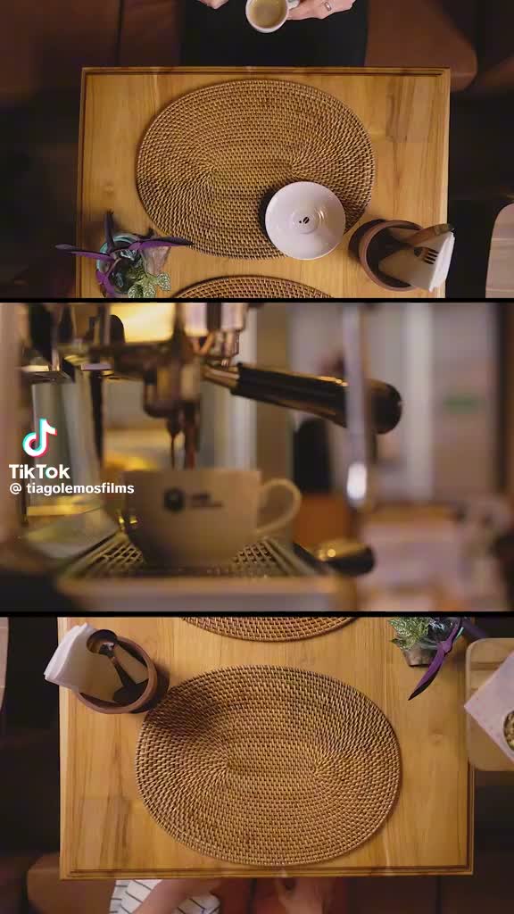 Coffee being brewed and served, shot in warm tones