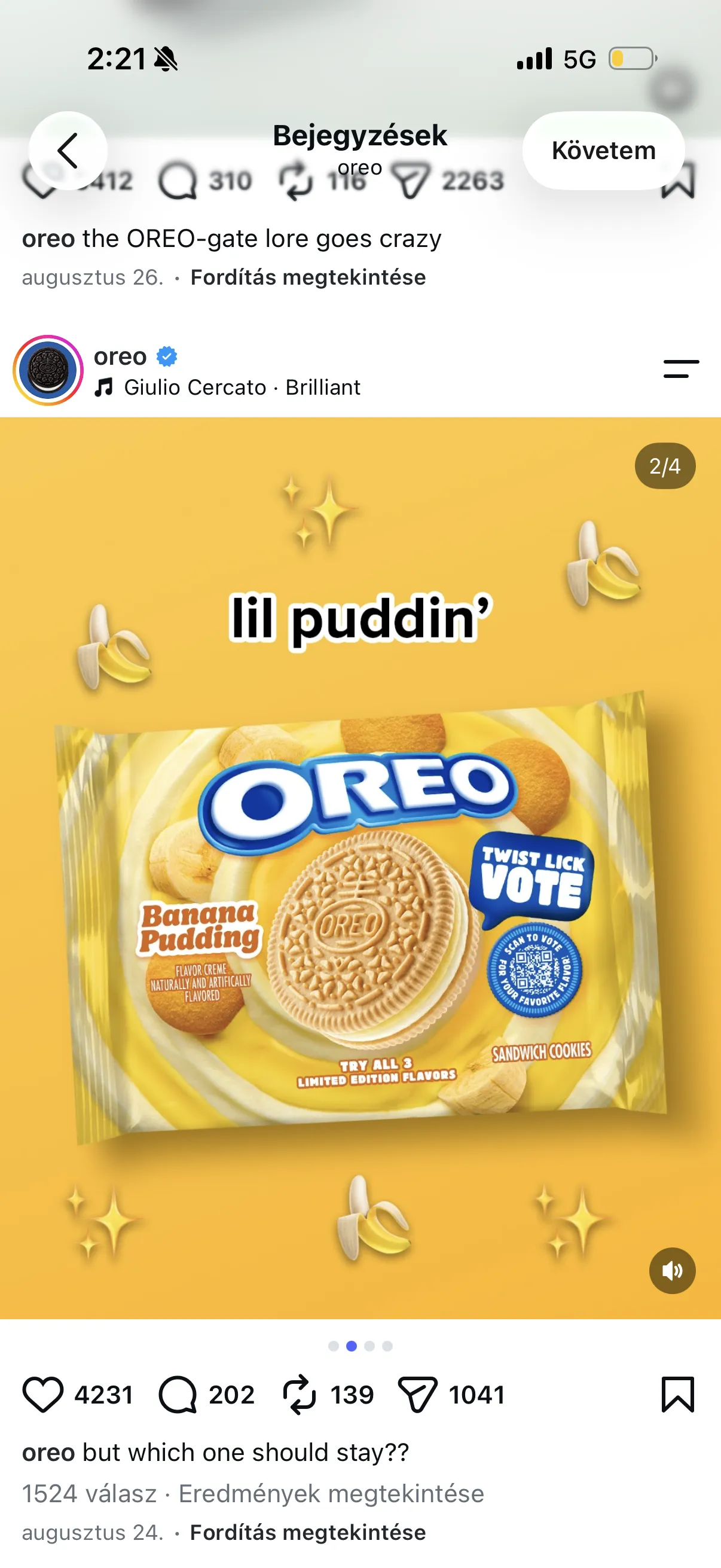 Instagram post: a pack of Oreo "lil puddin'" on a yellow background