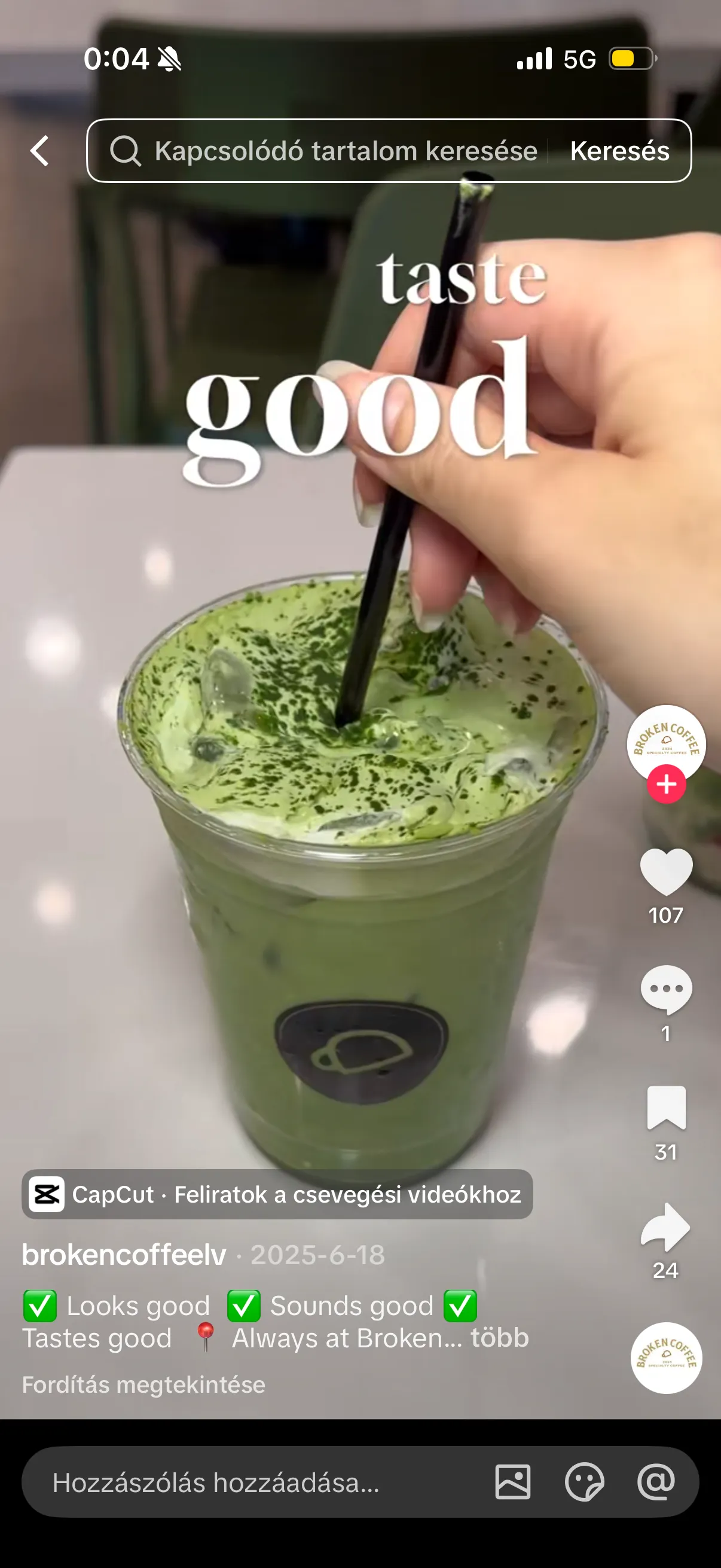 TikTok: matcha being poured into a glass of milk