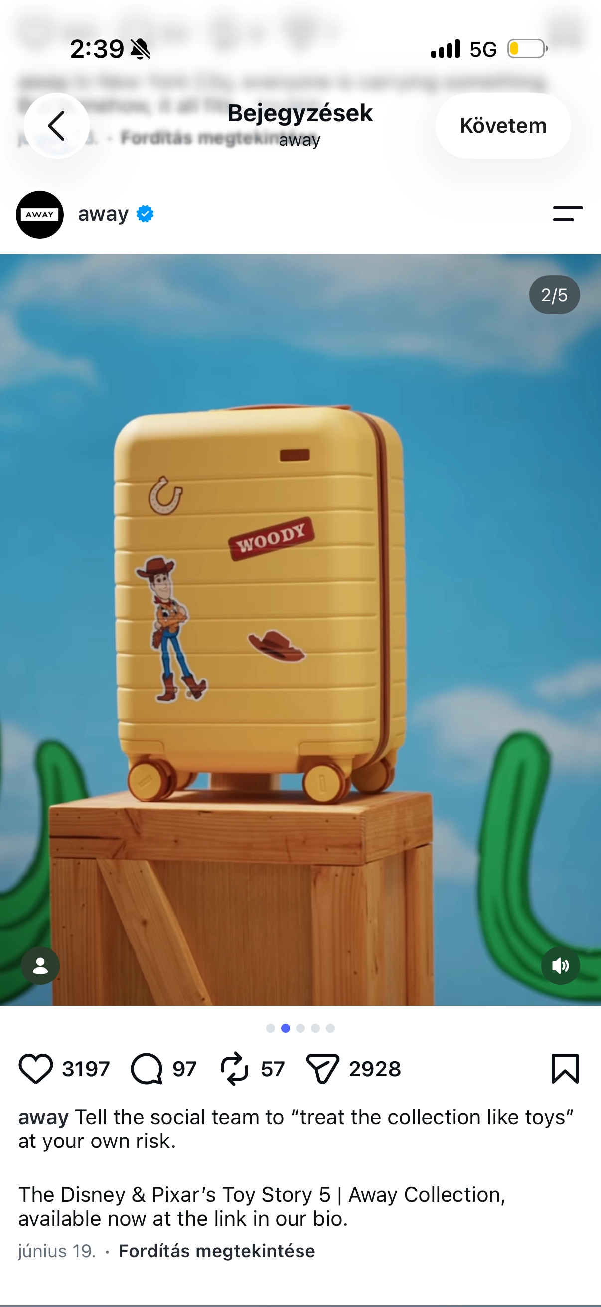 Instagram post: a yellow suitcase standing on a stool in a desert