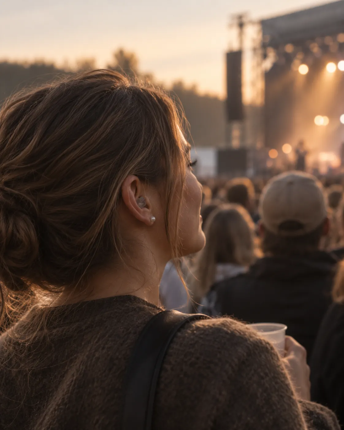 Kvinne med ørepropp i øret i publikum foran en utendørs konsertscene