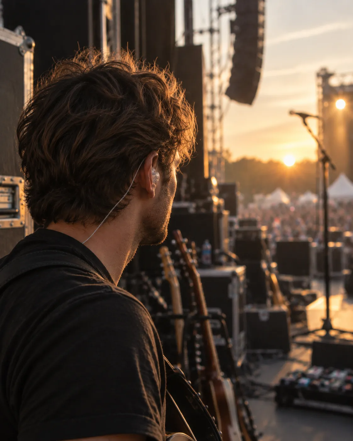 Musiker med in-ear-monitor i øret ser utover en utendørsscene i solnedgang