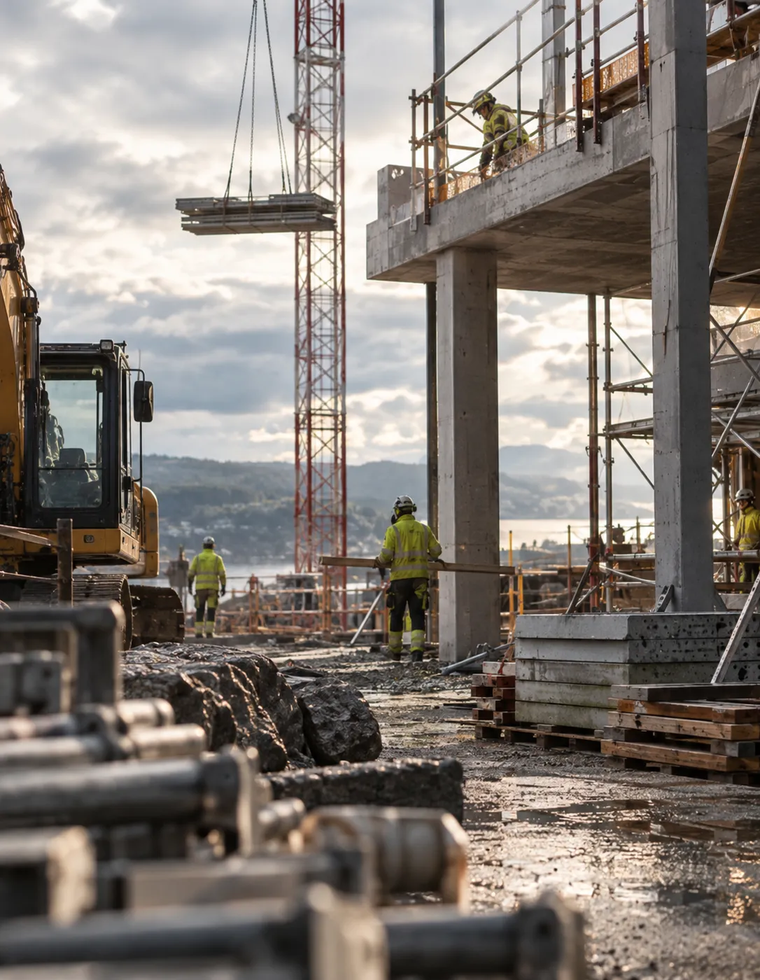 Arbeidere i verneutstyr på byggeplass med kran og betongkonstruksjon