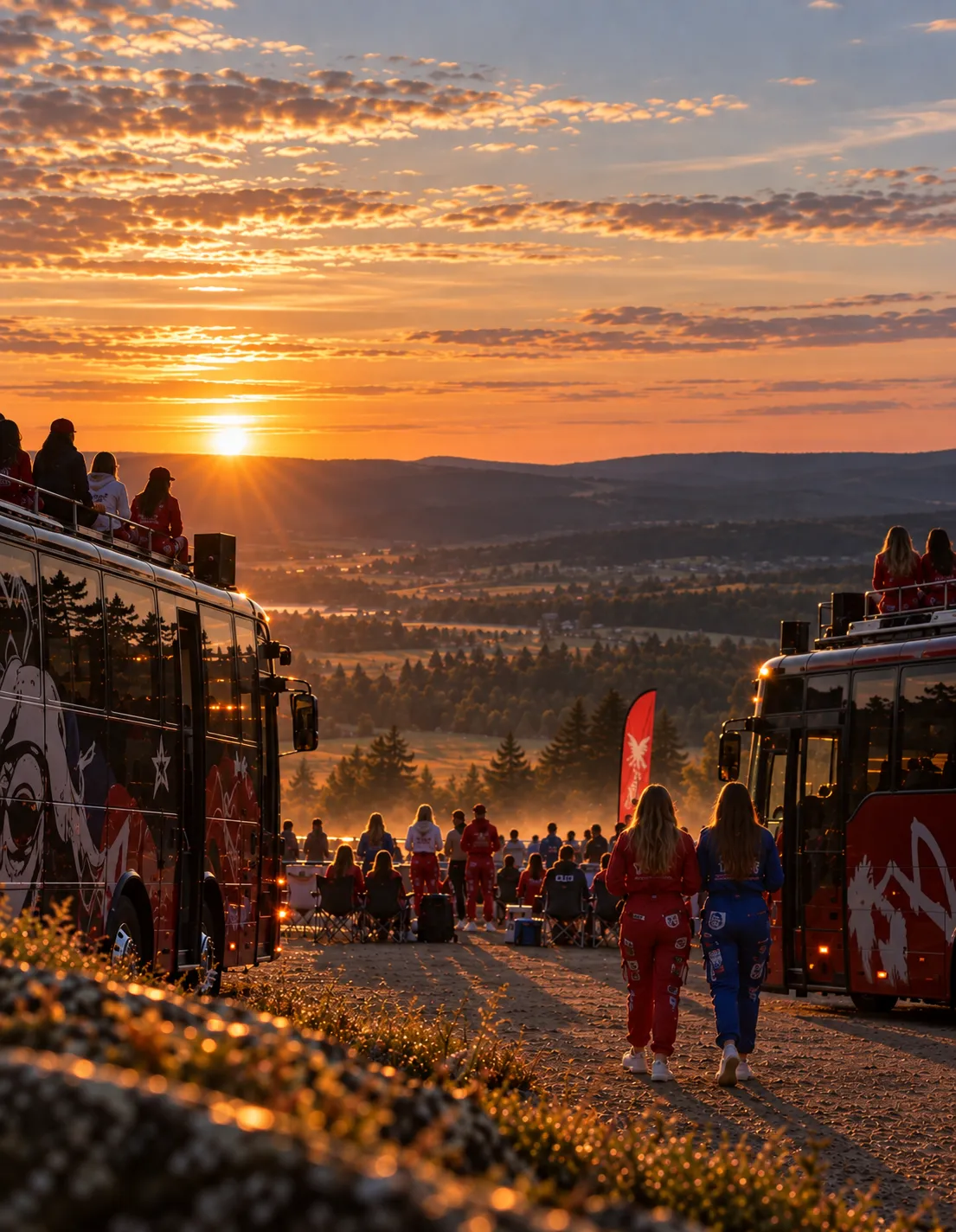 Russ og russebusser samlet på en ås i solnedgang