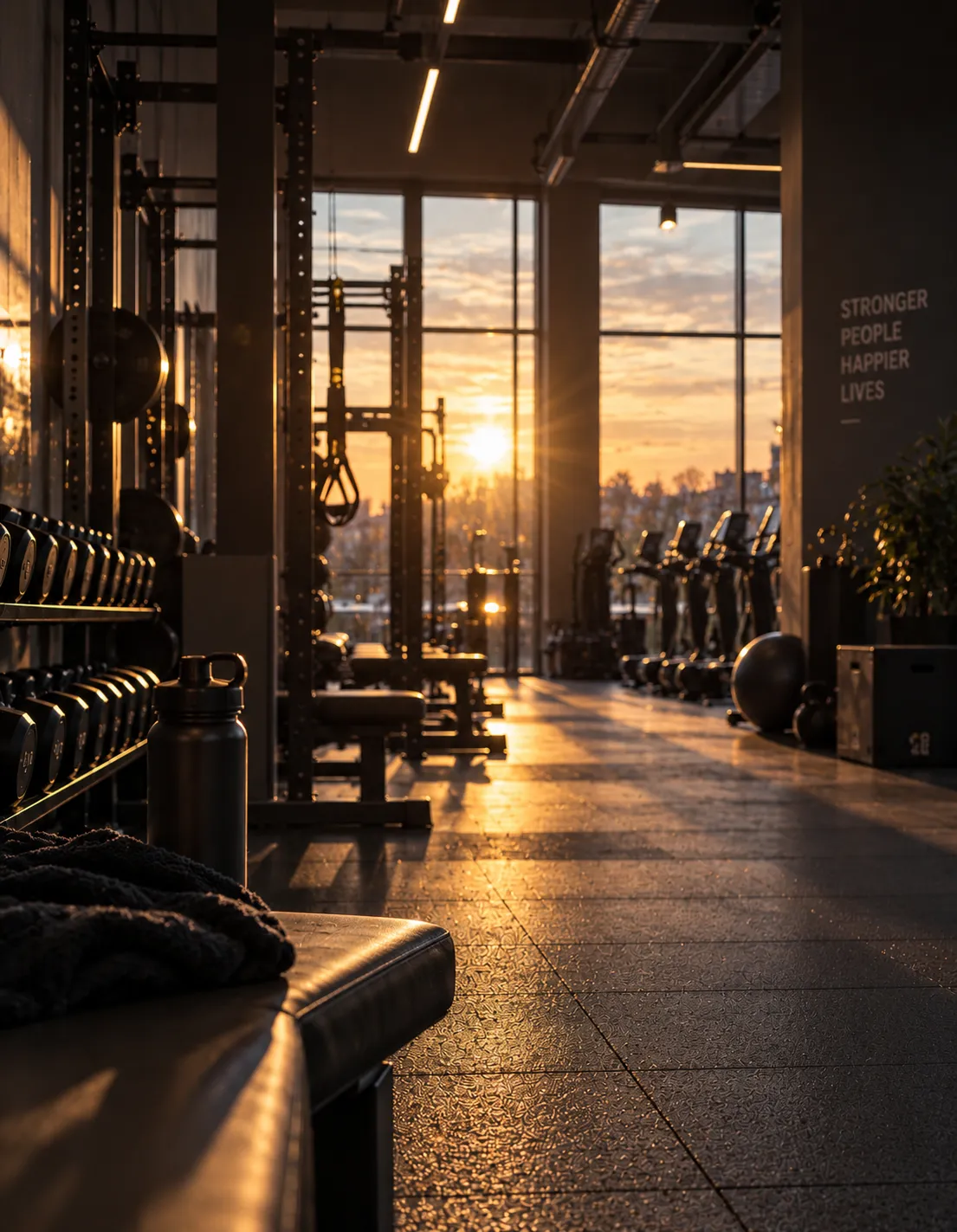 Treningssenter med vekter og apparater i morgensol gjennom store vinduer