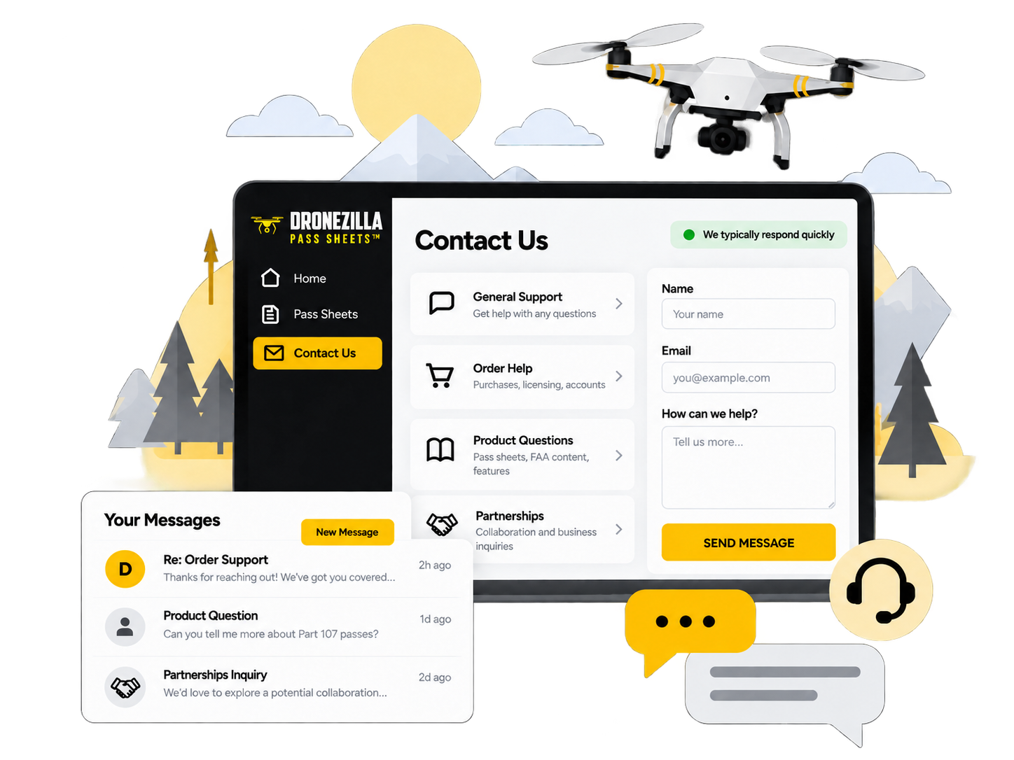 Dronezilla contact dashboard, drone, mountains and support messages