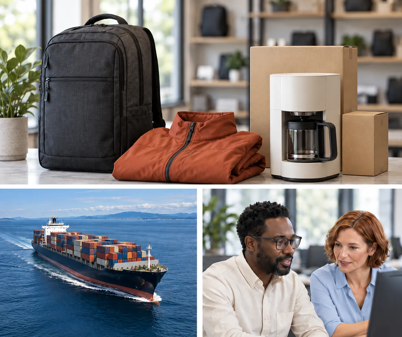 Consumer products, a cargo ship, and business professionals reviewing work together.