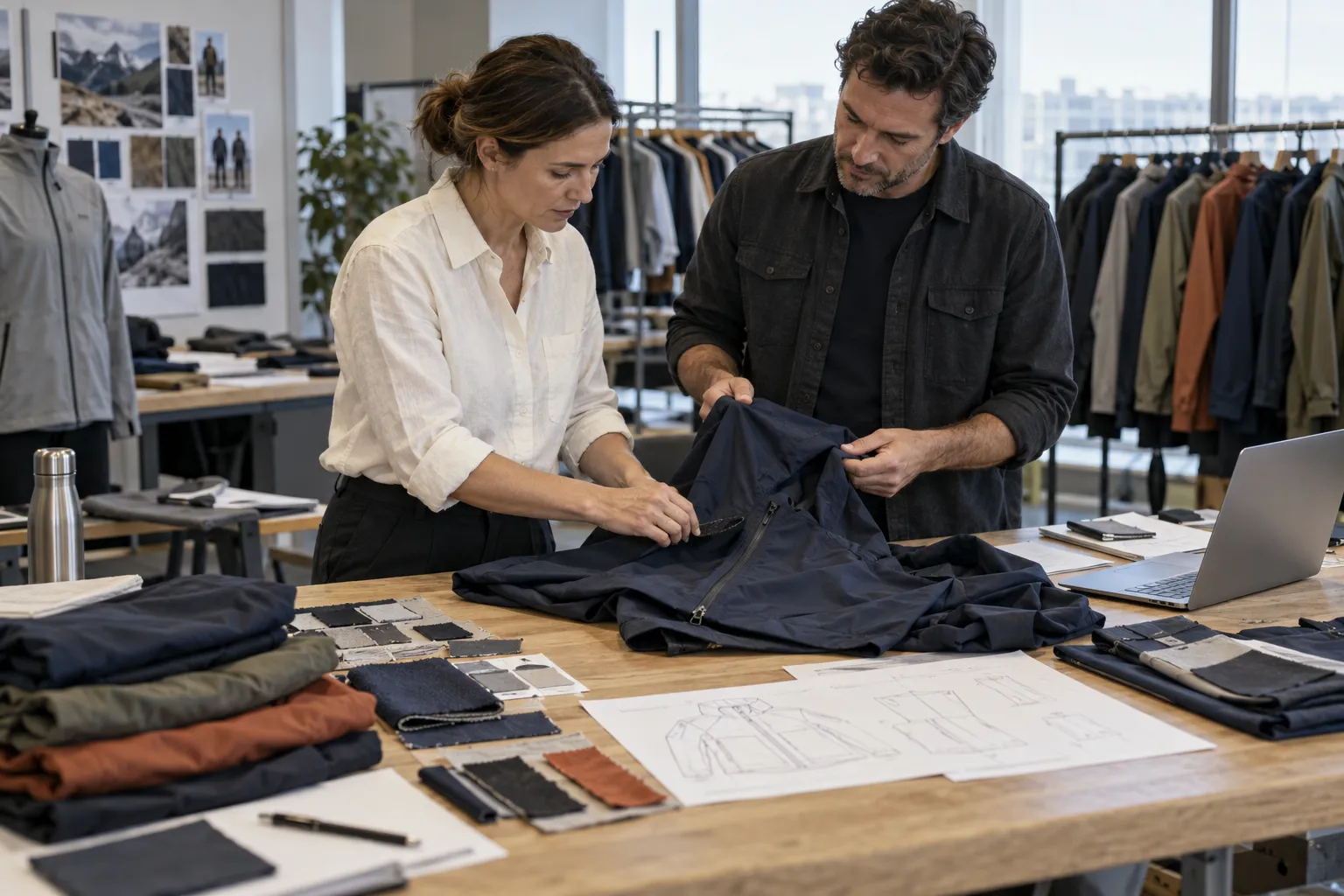 Apparel professionals examining a garment in a design studio.