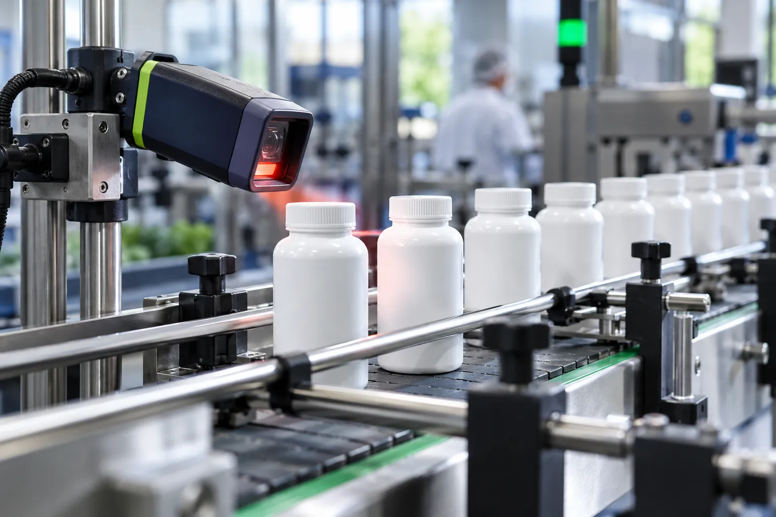 Product bottles passing through an automated quality inspection line.
