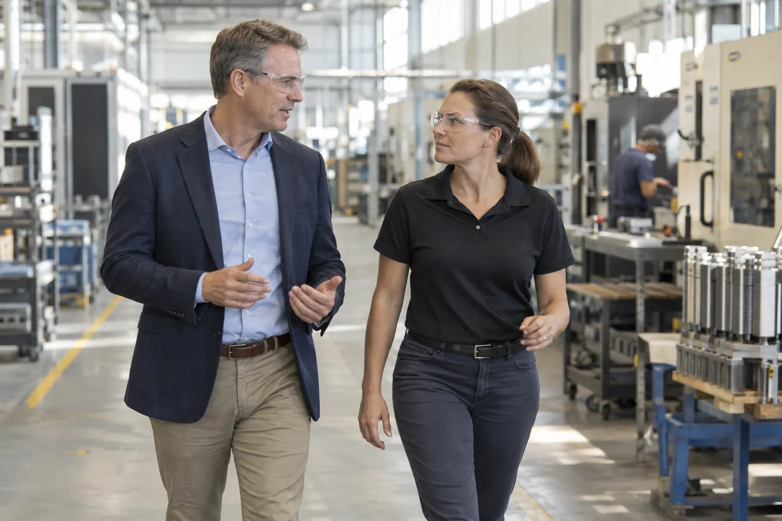 An advisor and business owner walking through a manufacturing facility.