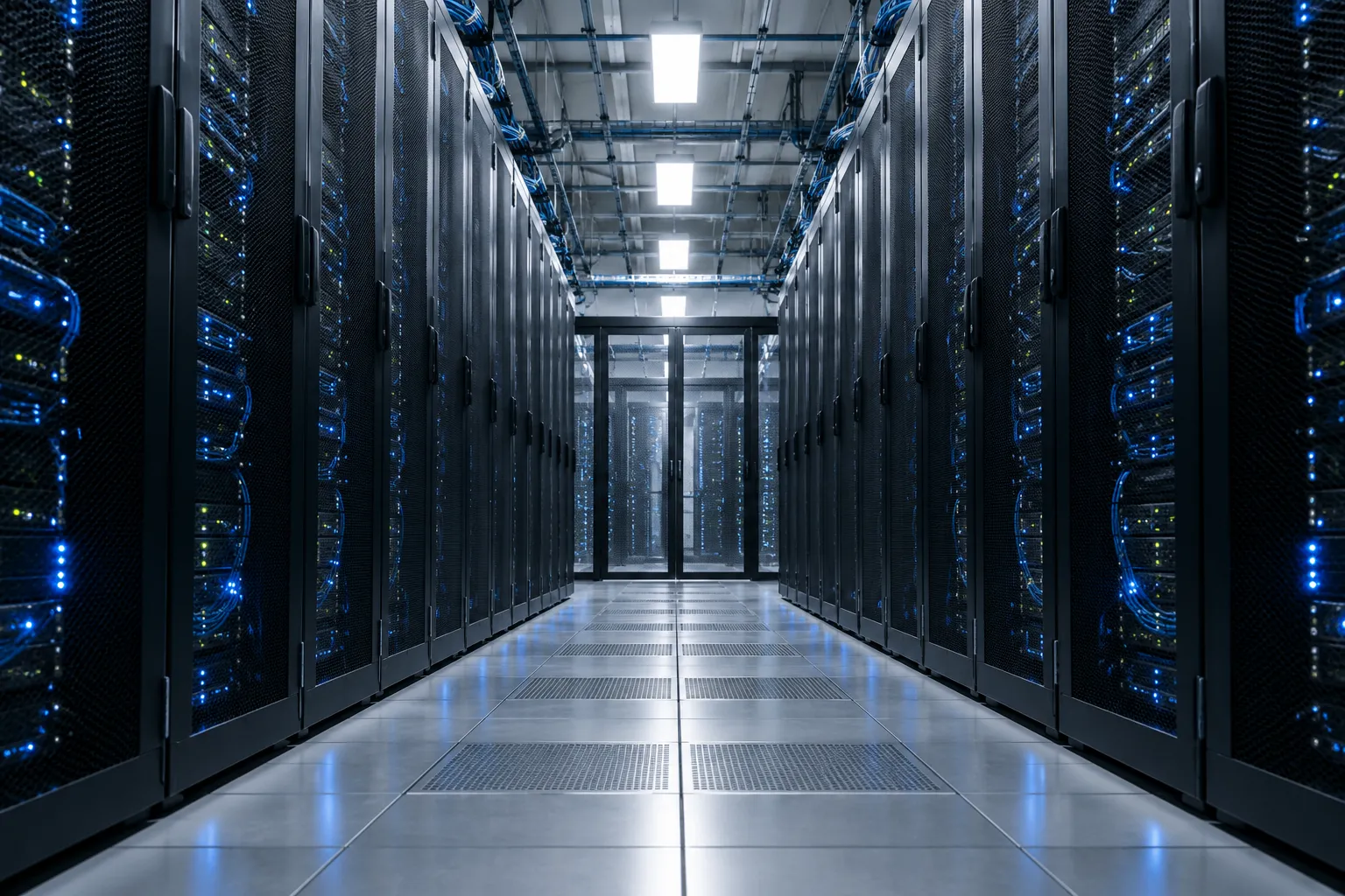 Server racks in a blue-lit data center aisle.