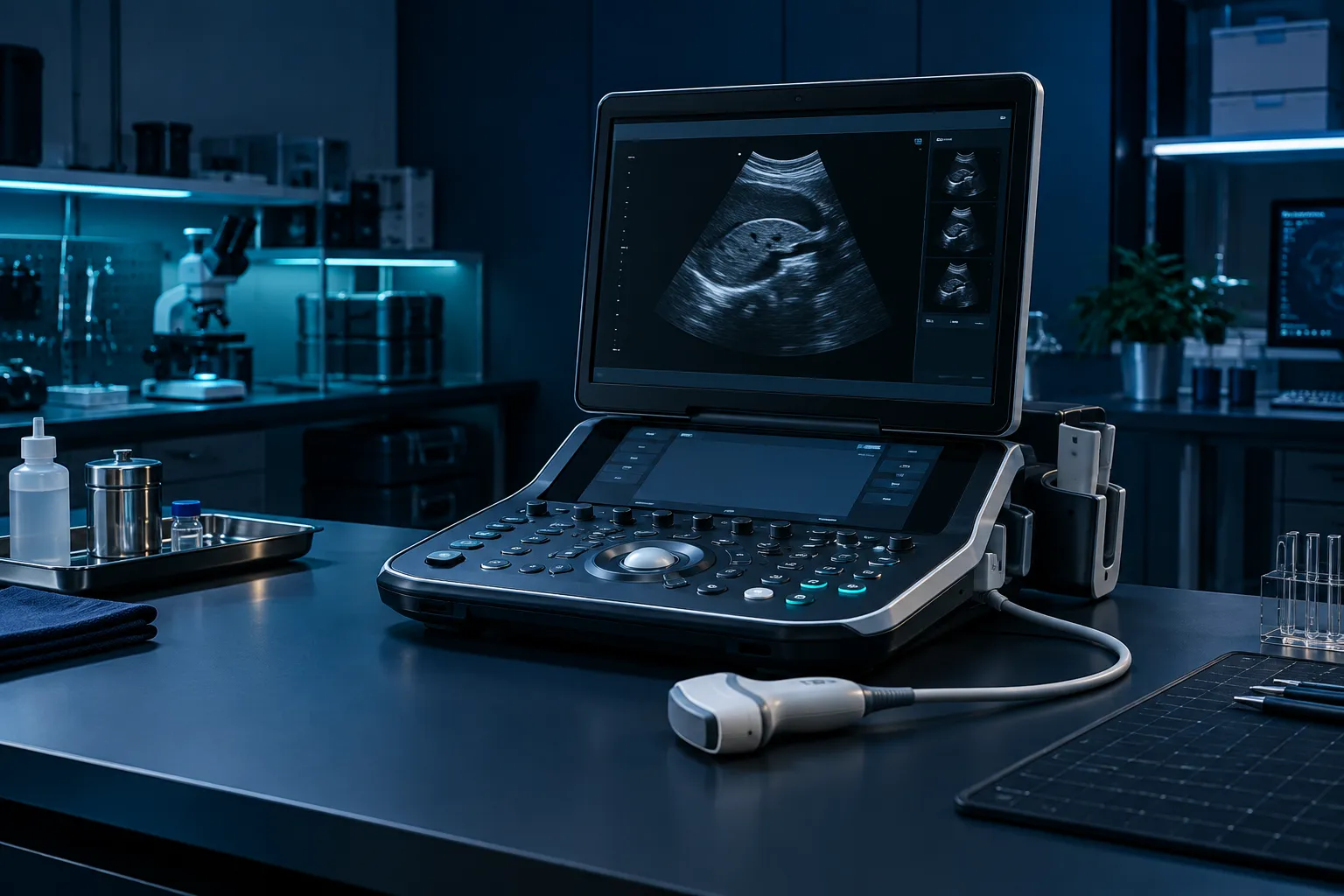 Ultrasound equipment and probe on a medical device development bench.