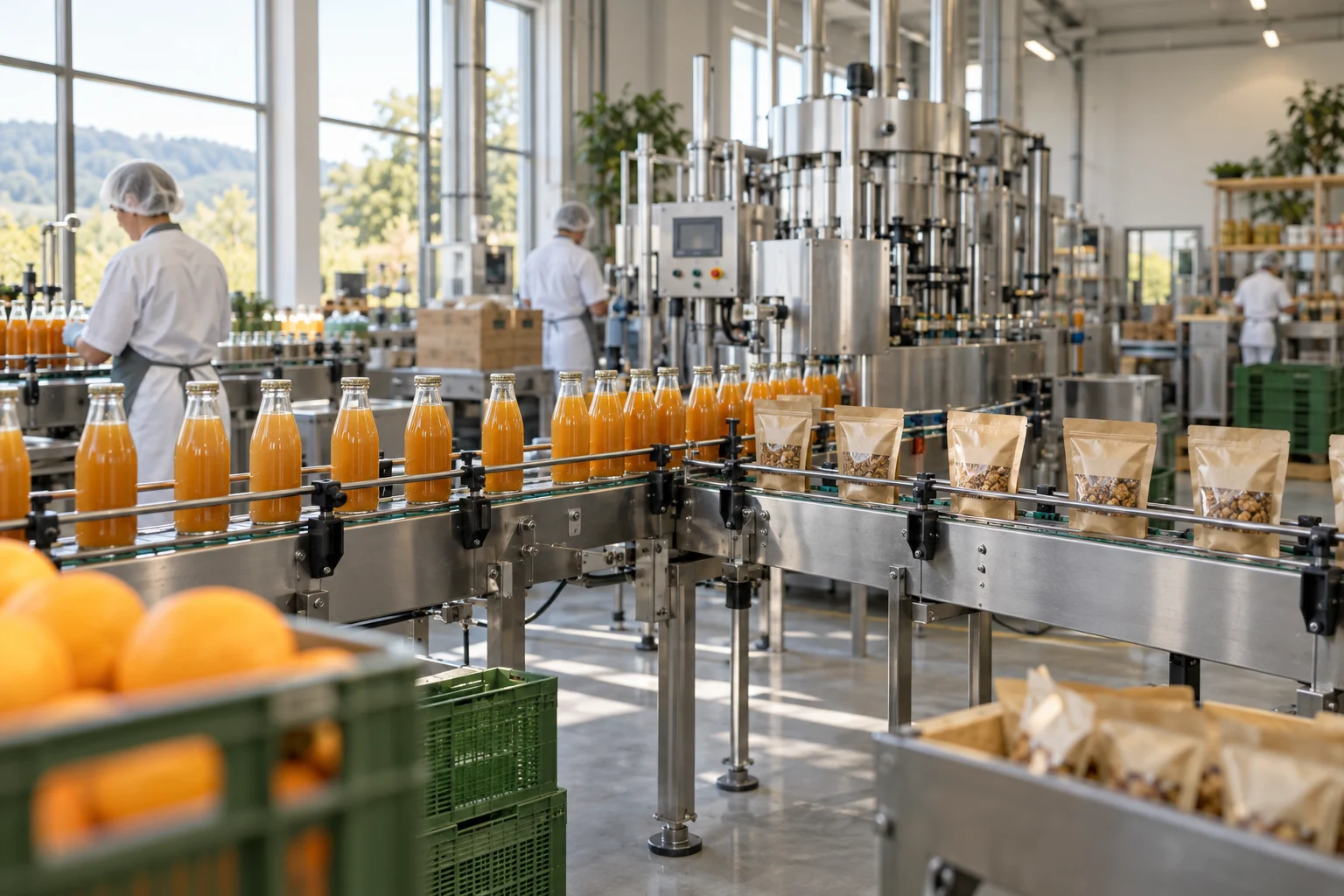 Bottled juice and packaged snacks moving through a sunlit food and beverage production facility.