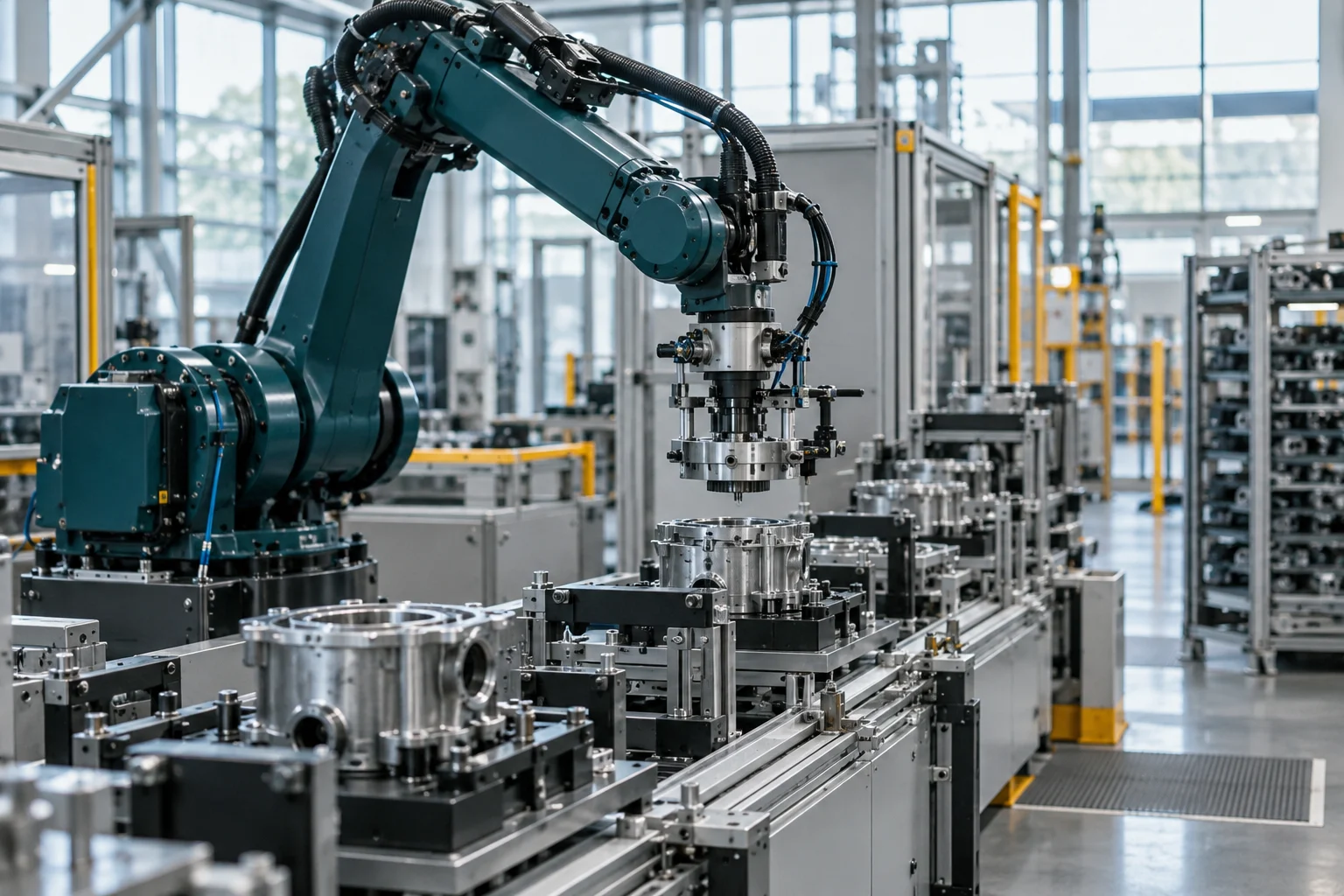 Industrial robotic arm assembling metal components on a clean manufacturing line.