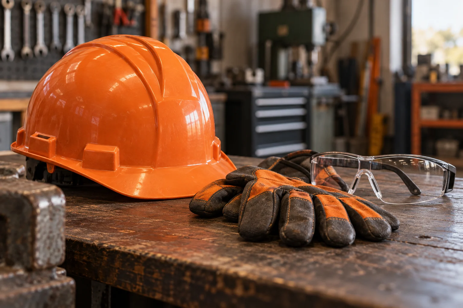 Orange safety helmet, work gloves, and protective eyewear on a workshop bench.