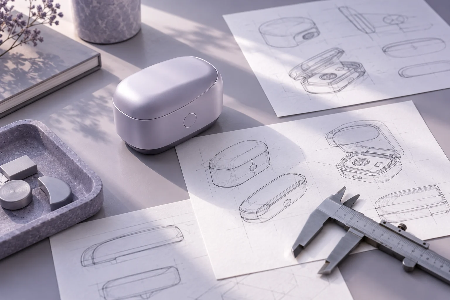 Consumer device prototype, concept sketches, and calipers on a design studio table.