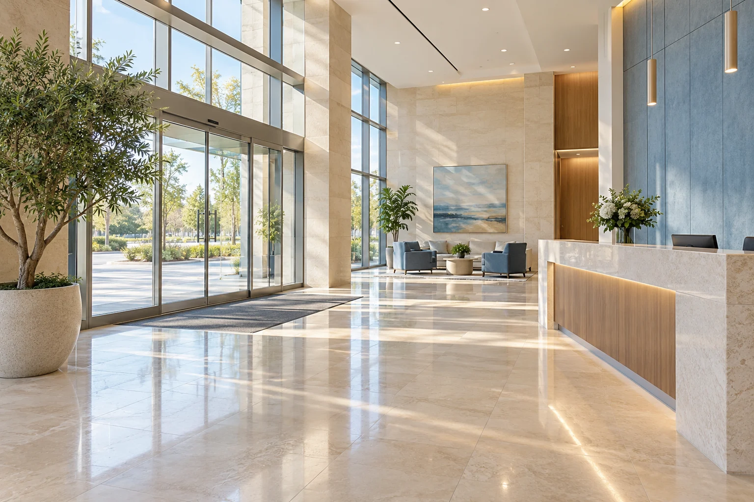 Sunlit business reception lobby with glass entrance doors and a visitor counter.