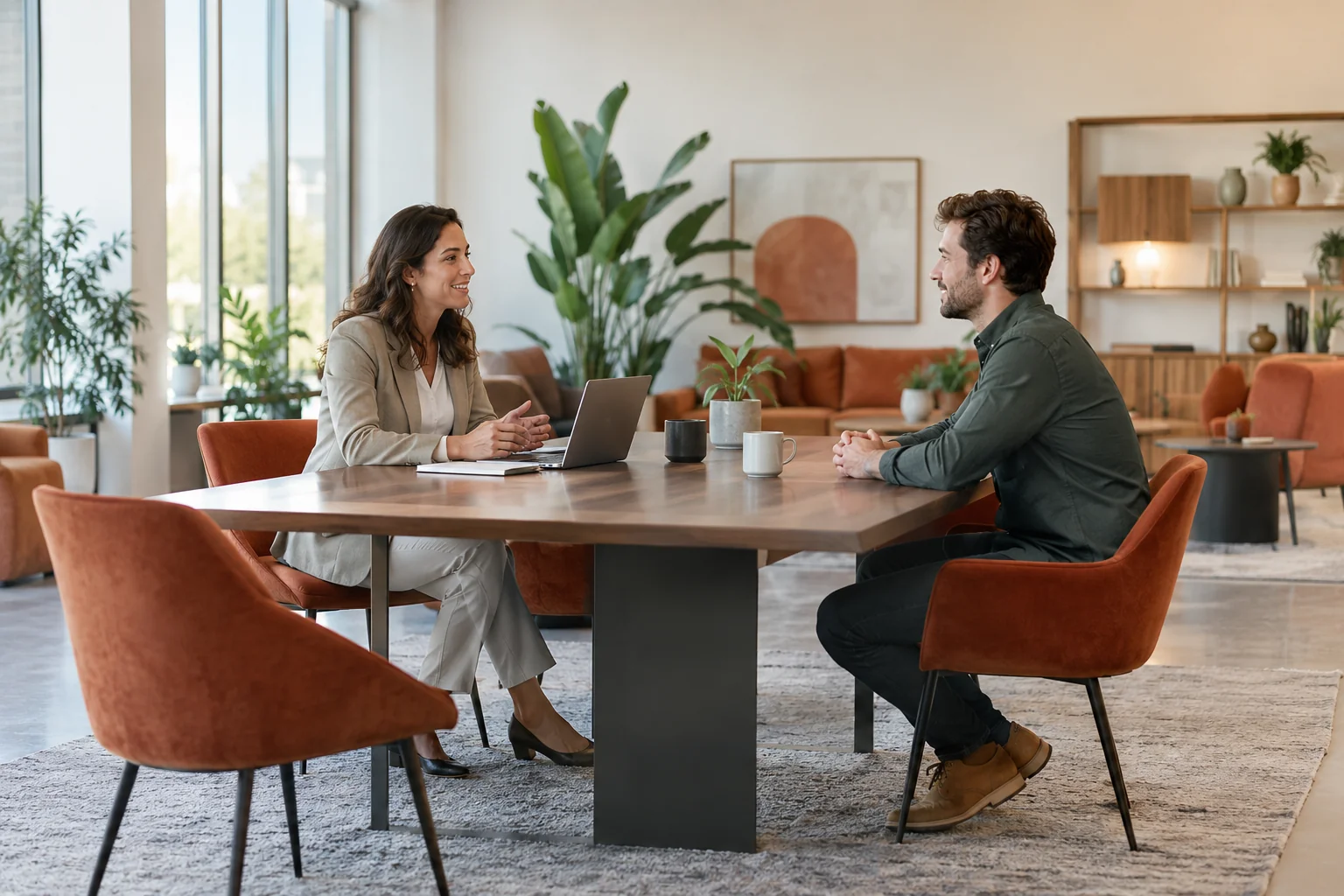 HR manager and employee talking across a table in a bright office.