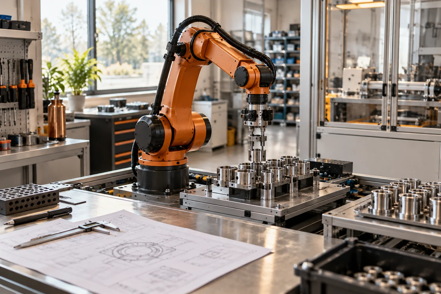 An orange industrial robotic arm assembling precision components in a bright manufacturing cell.