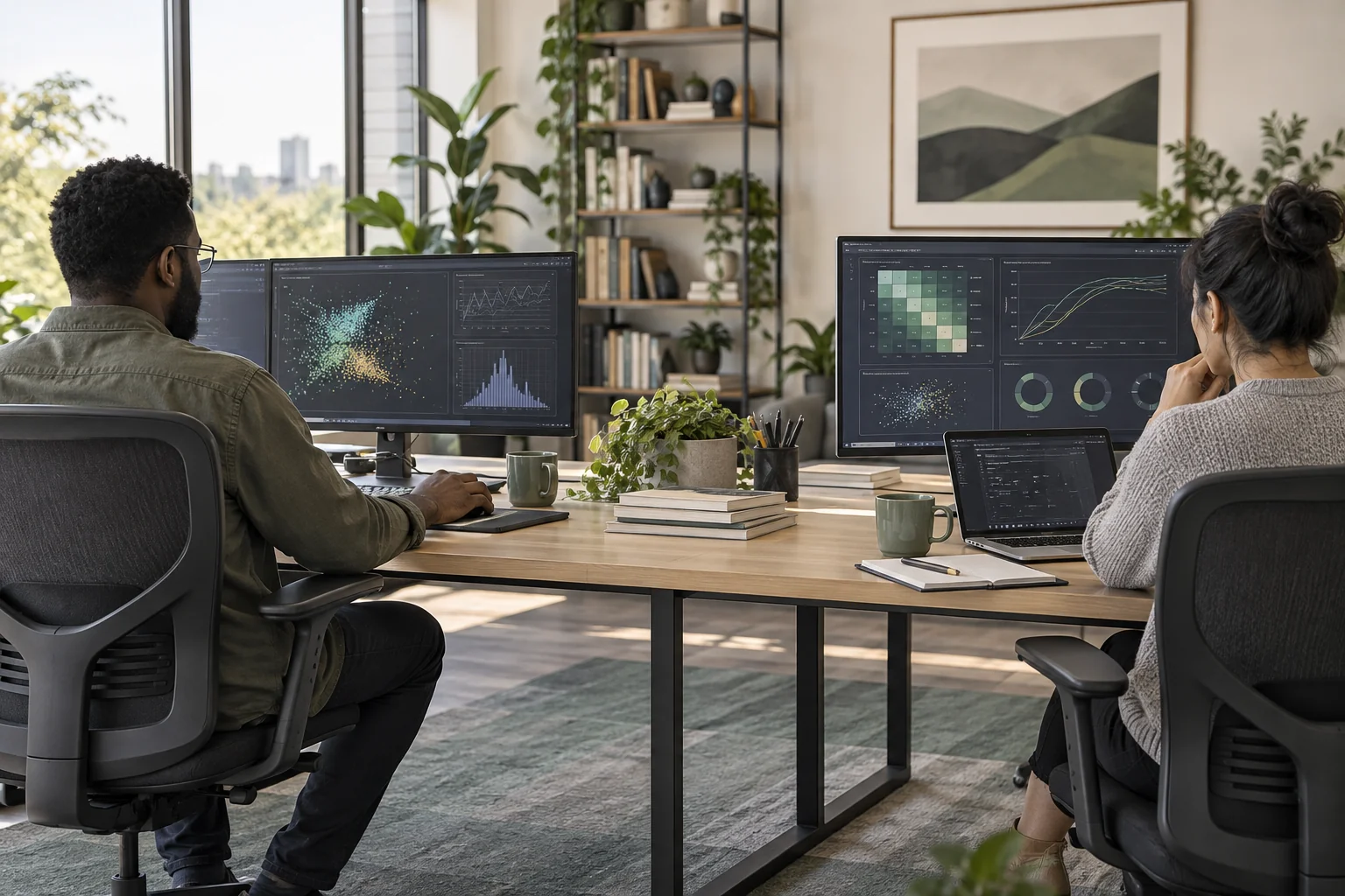 Two engineers reviewing model evaluation charts at separate workstations in a daylight AI development office.