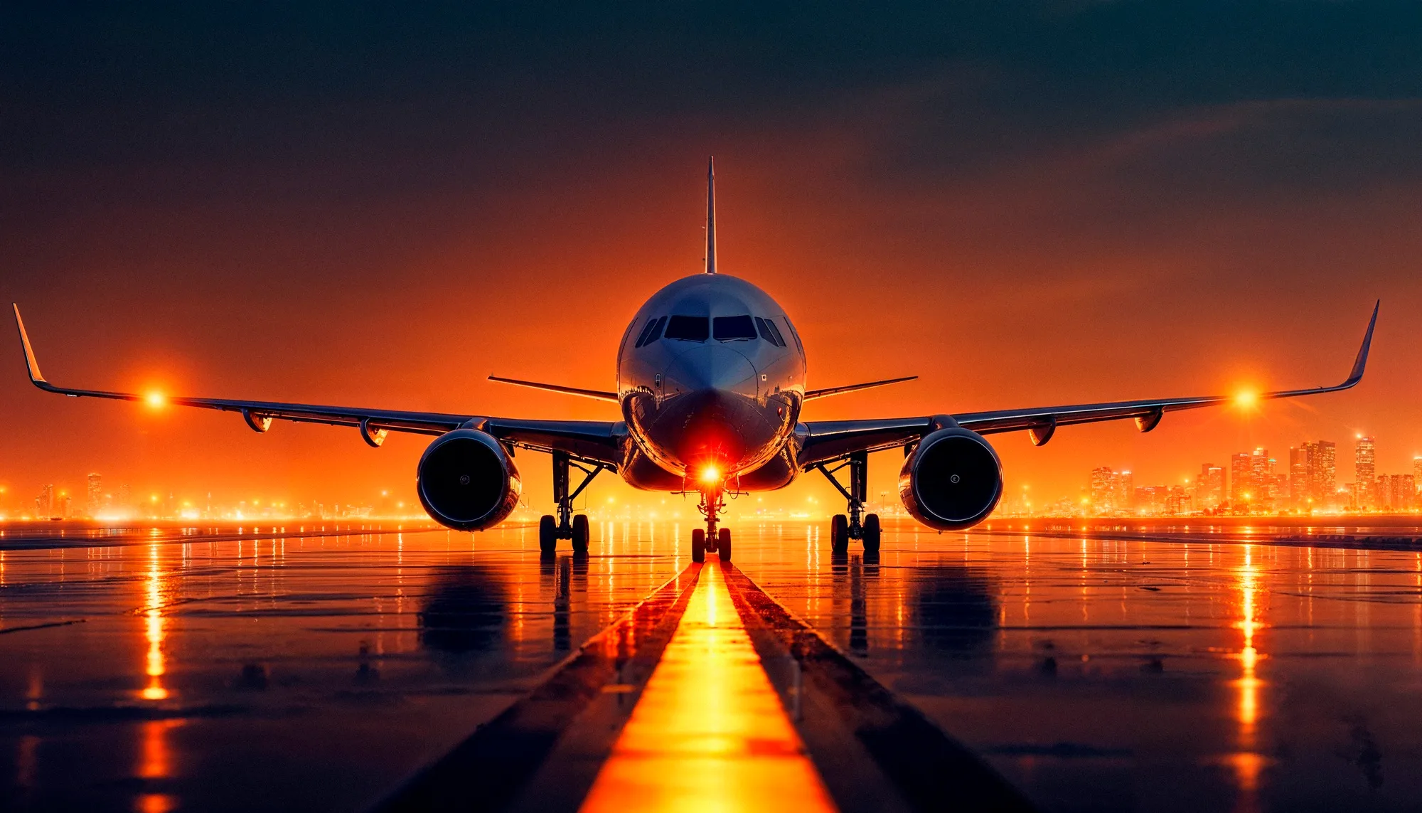 Avión sobre una pista mojada al atardecer.
