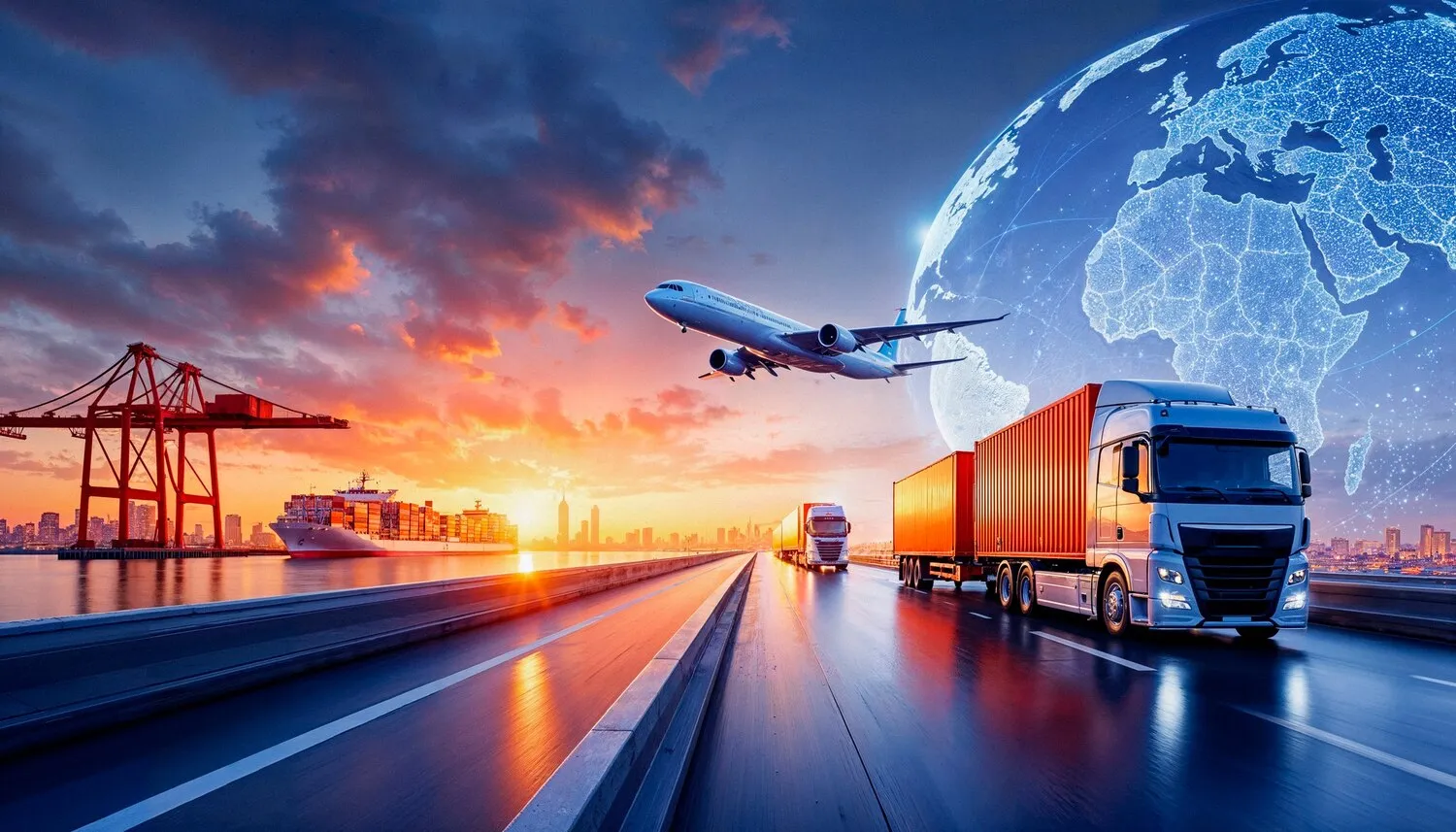 Composición de camiones, buque y avión con un globo digital.
