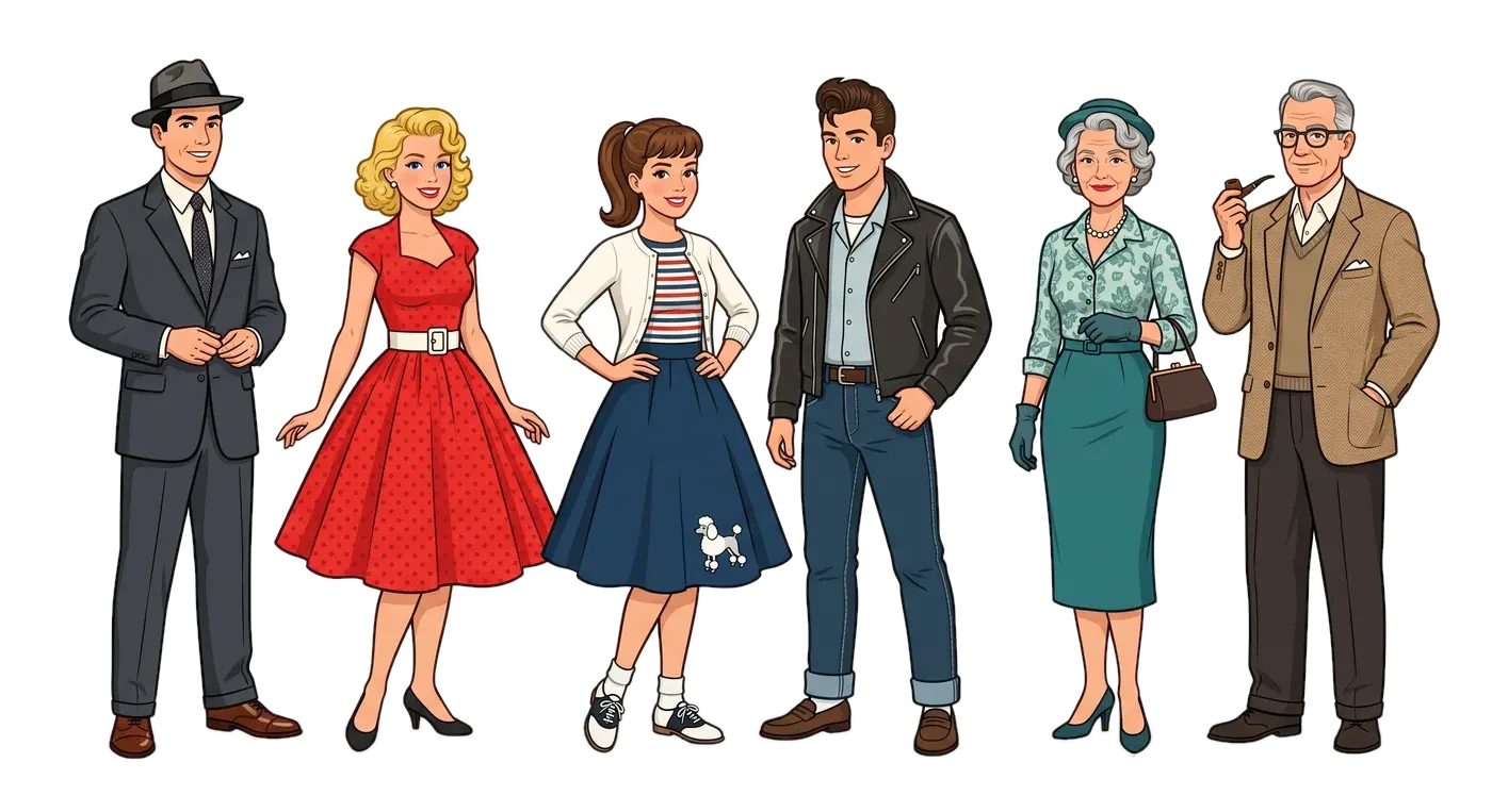 1950s outfit ideas: suits, polka dot dresses, poodle skirts, leather jackets