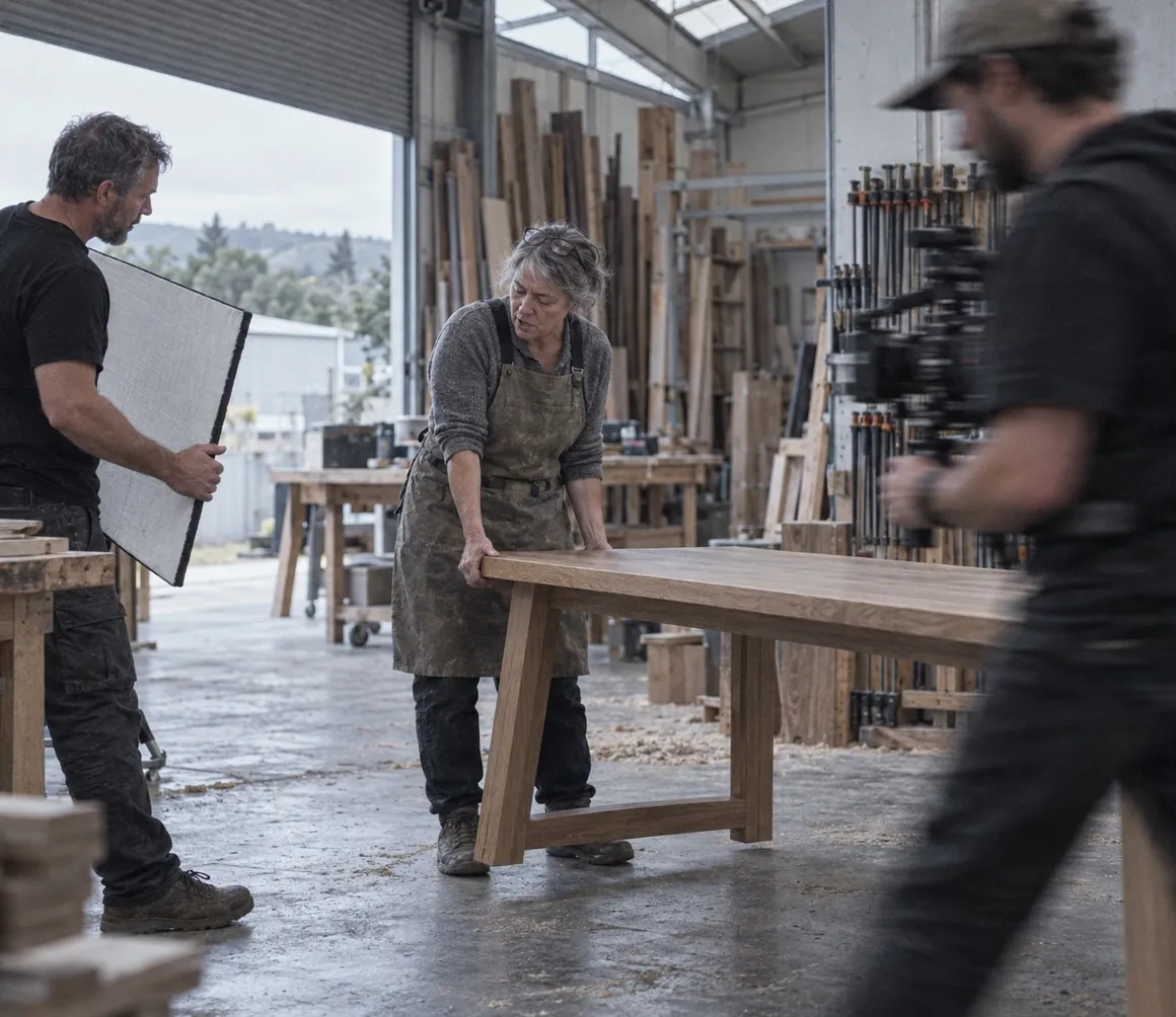 Told crew filming a maker moving a timber table in a workshop