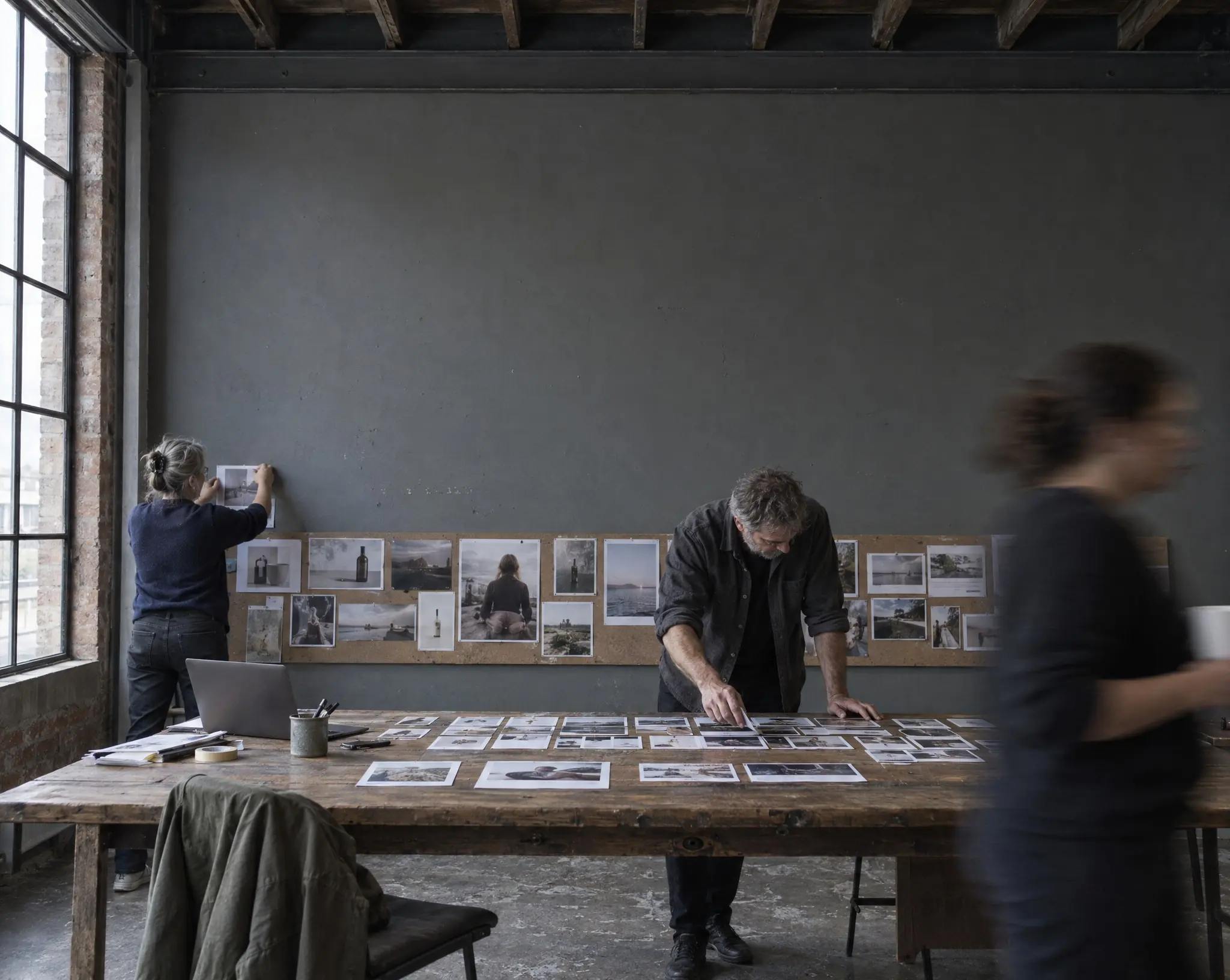 Told team laying out a storyboard on a long workshop table