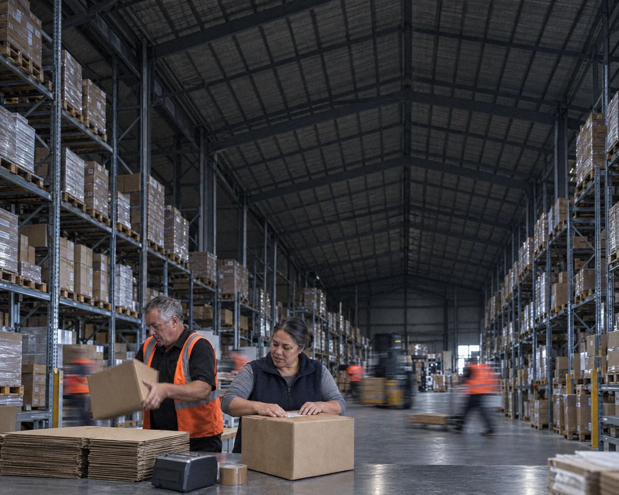 Two warehouse staff packing orders at a bench in a large distribution warehouse