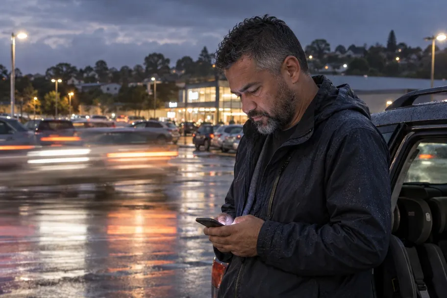A man checking his phone beside his car in a supermarket car park at dusk