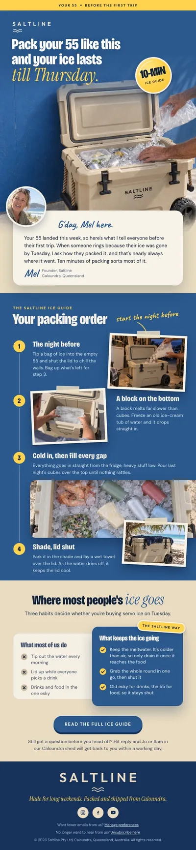 Saltline post-purchase email with packing tips for the 55 chilly bin