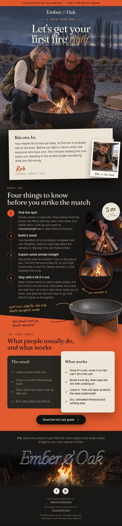 Ember & Oak post-purchase email about lighting the first fire