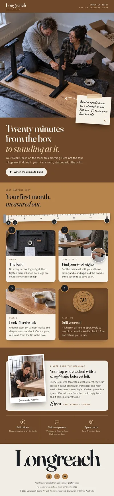 Longreach post-purchase email about setting up the Desk One