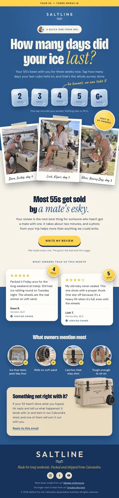 Saltline review request email for the 55 chilly bin