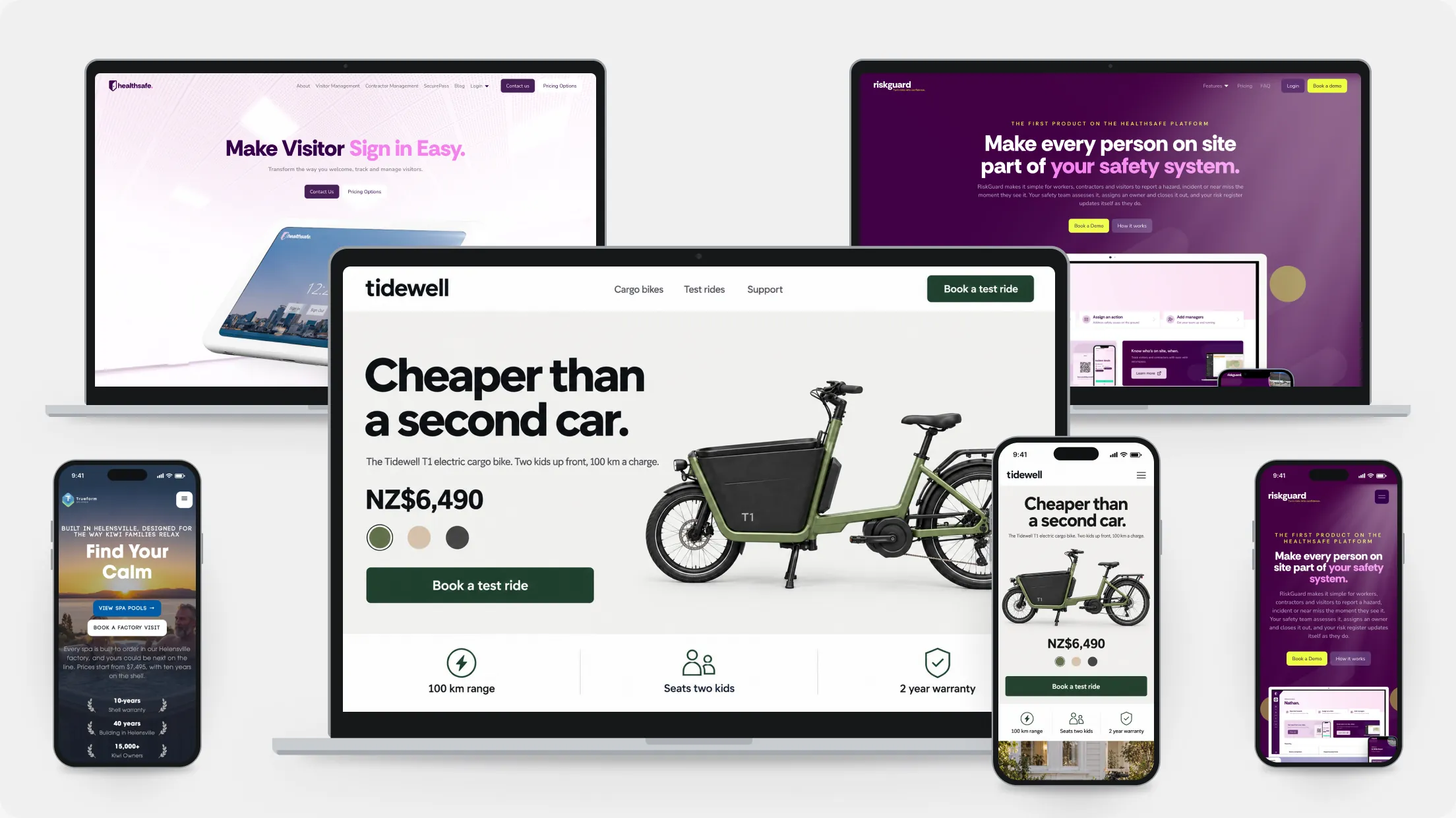 Landing pages Told has built shown on laptops and phones: HealthSafe, RiskGuard, Trueform Spa Pools and the Tidewell mockup