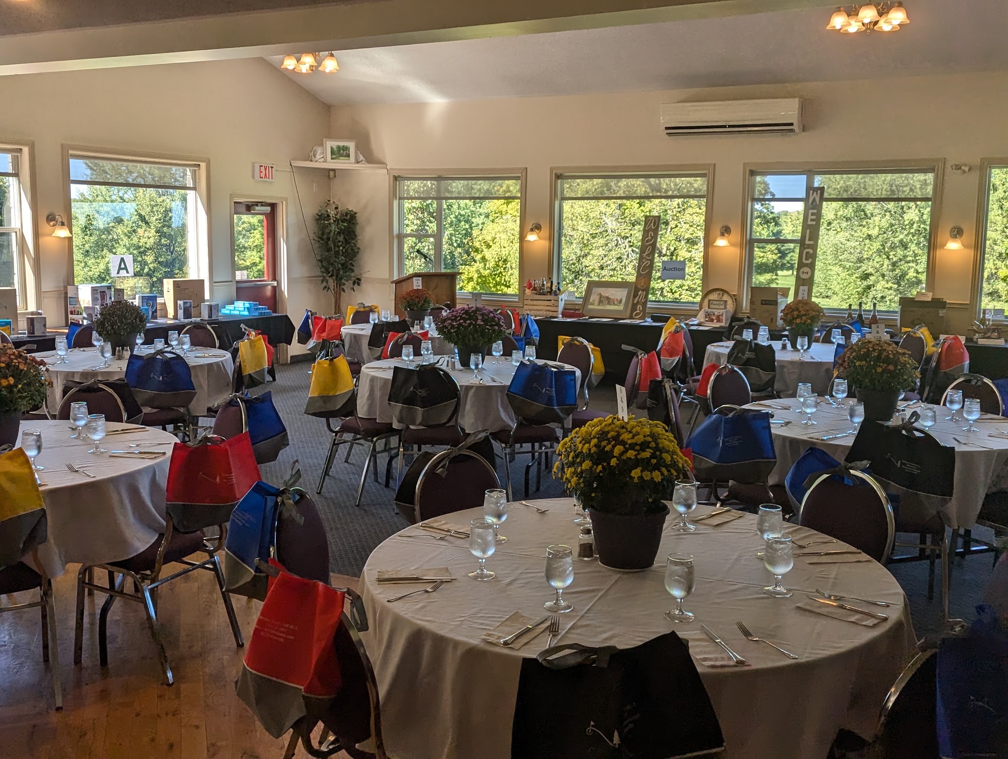 Banquet tables set for a tournament dinner