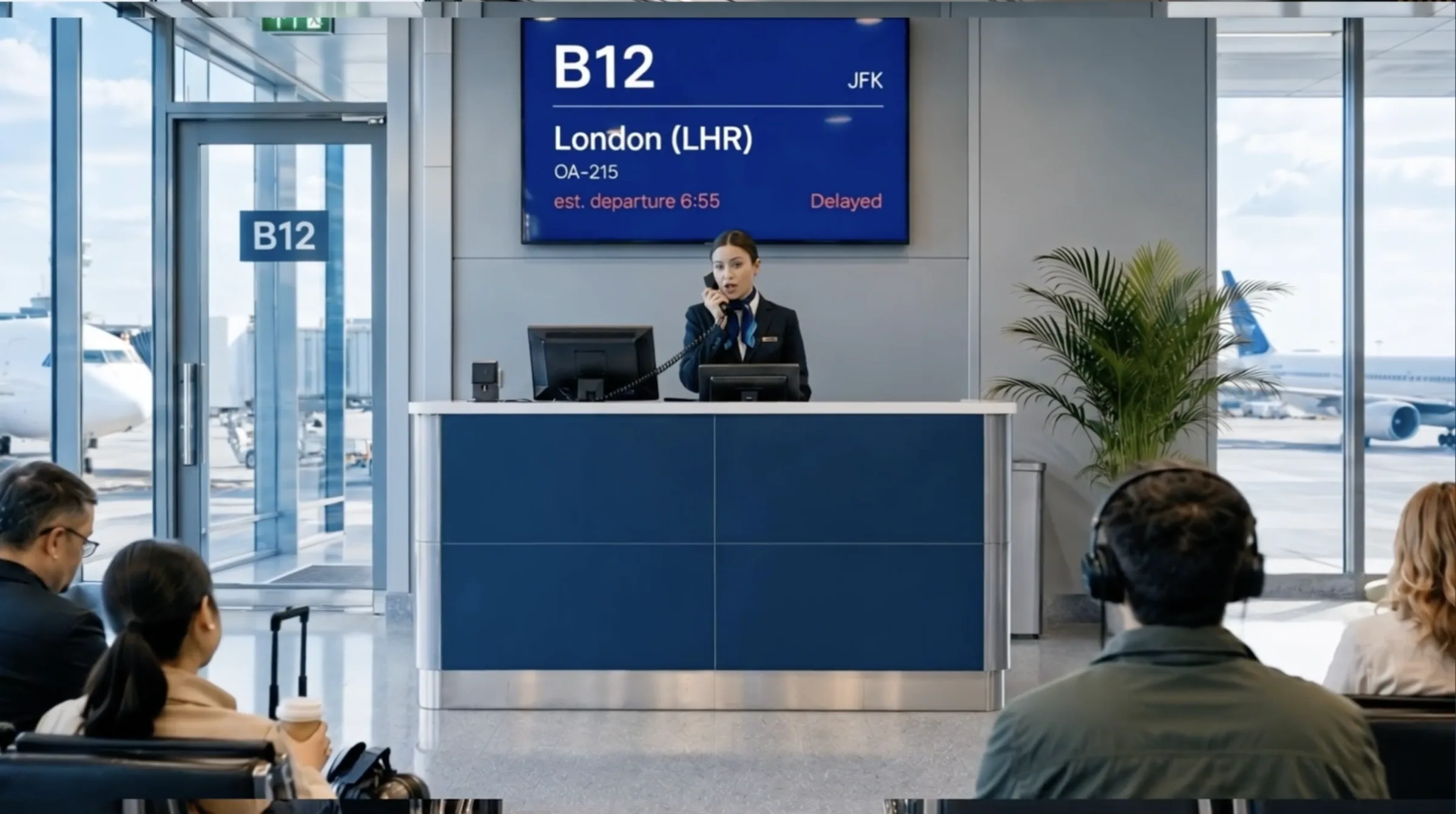 Travelers waiting at an airport gate while an agent works the desk under a delayed-flight board