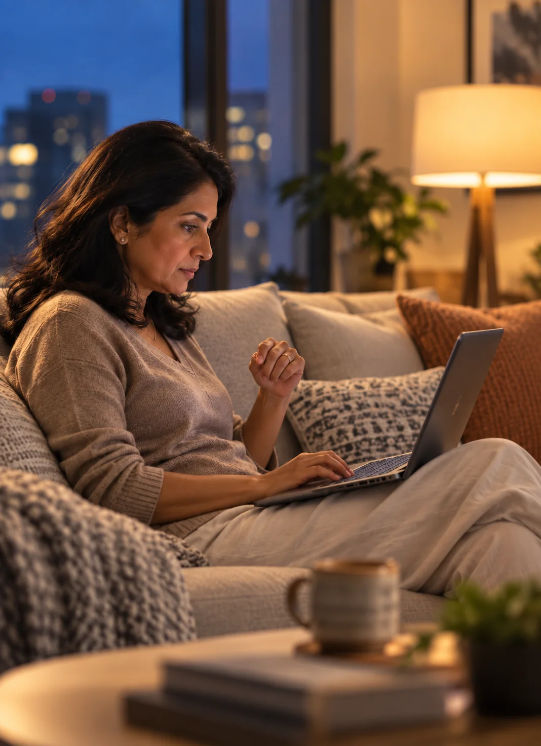 A member at home in the evening, working on a laptop