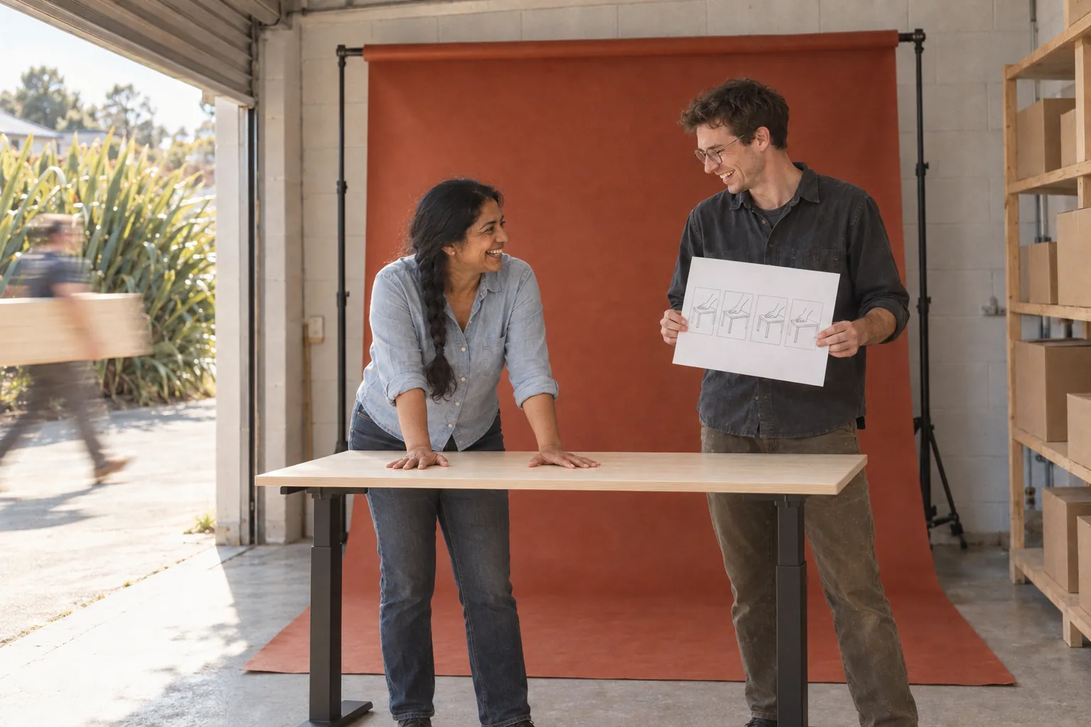 A business owner presses on a raised standing desk to test for wobble while a colleague holds up a four-box sketch.