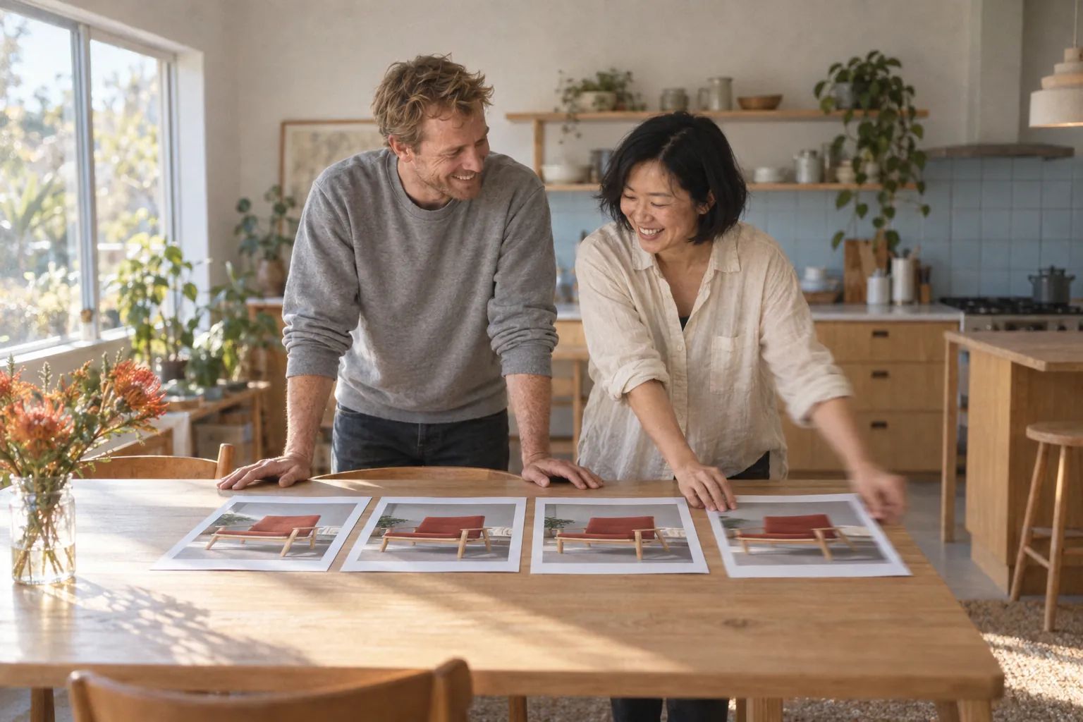 Two co-owners laugh as they line up four printouts of the same armchair photo along their kitchen table.