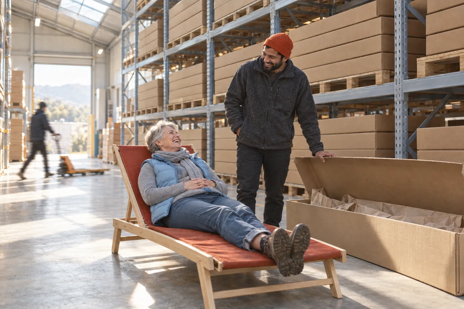 A business owner in winter layers lies back on an unsold sun lounger in a warehouse aisle, laughing with a staff member