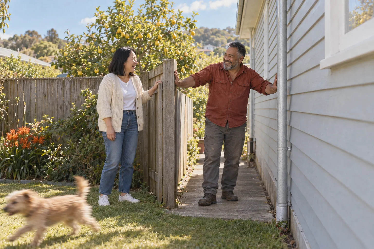 An installer spreads his arms across a narrow side gate to show a homeowner how tight the access is.