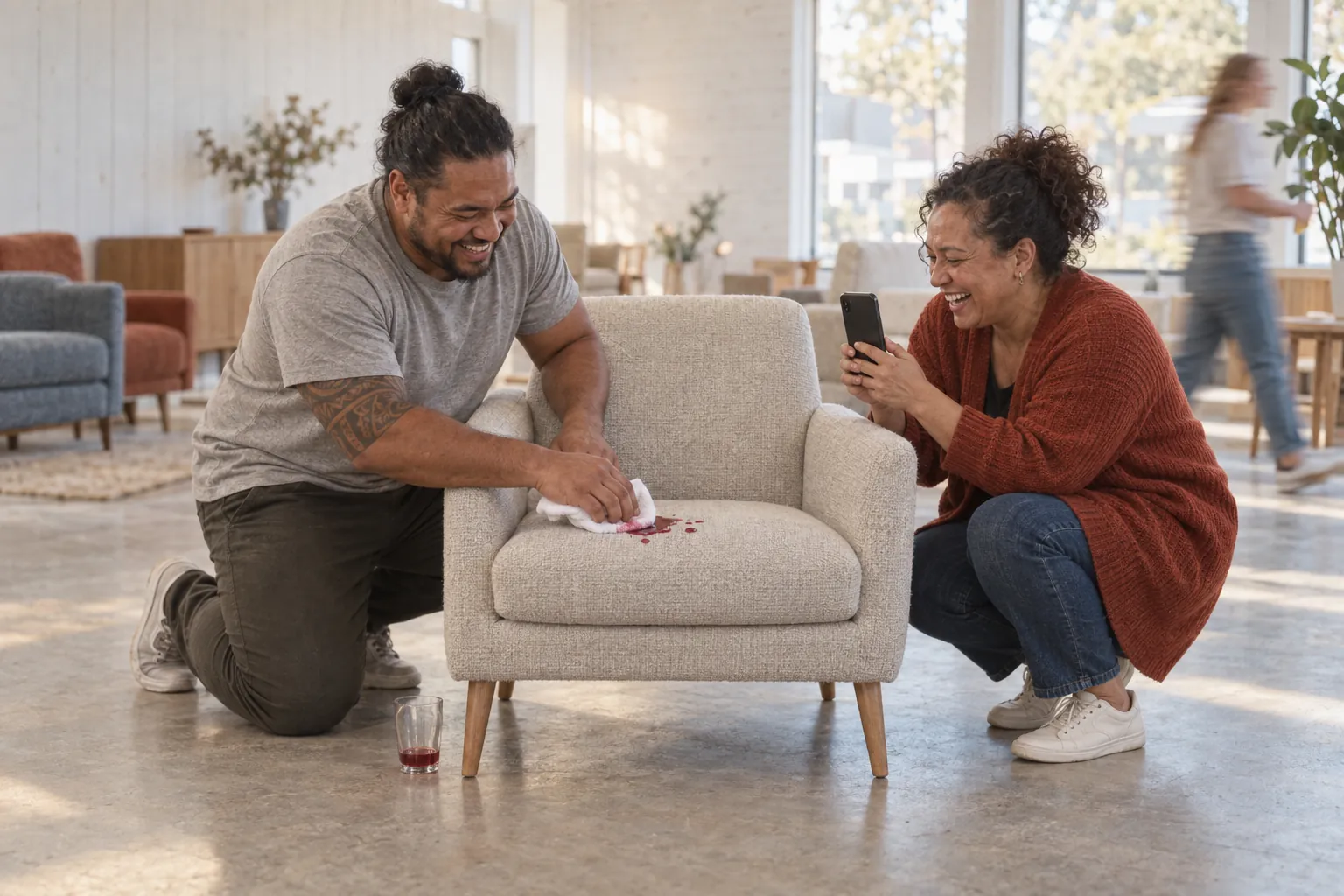 Two furniture shop staff laugh as one blots a juice spill off a pale armchair and the other films it on a phone
