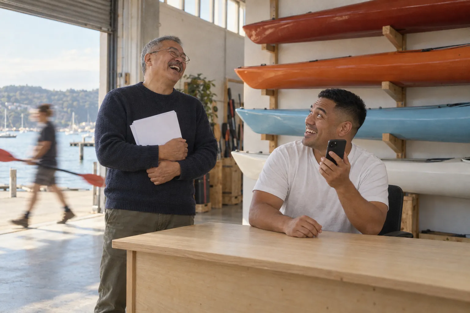 In a small kayak shop, a salesman holds his phone away from his ear and grins at the owner, who laughs holding a stack of enquiry sheets.