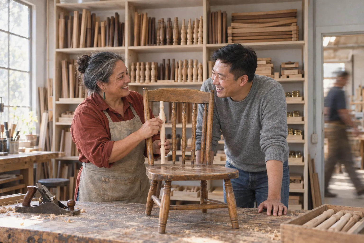 A furniture maker holds a new spindle against the gap in a customer's old chair as they laugh in her spare-parts room