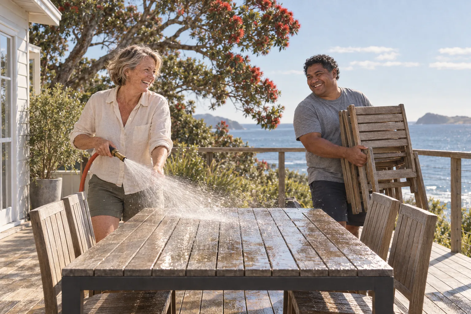 A holiday rental owner hoses down a sturdy outdoor table on a bach deck while her helper carries chairs back.